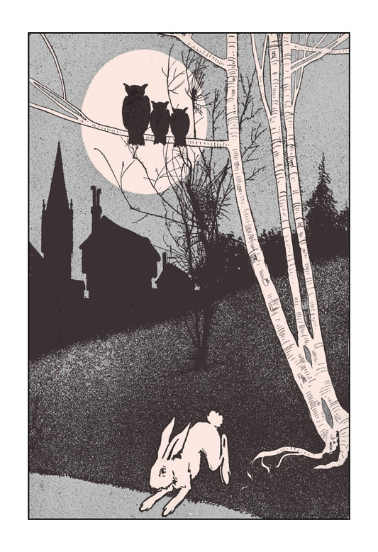 "Three Owls & Rabbit" 13 x 19" Archival Poster on Artist Grade BFK Reeves Paper
